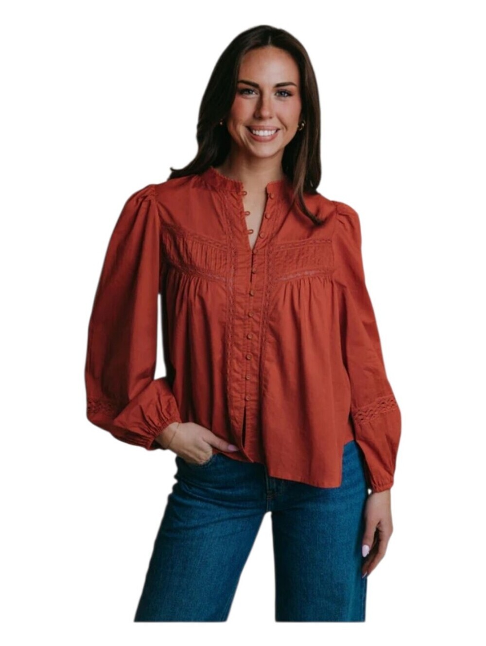 Laroque Womens Fall Rust Orange Crochet Lace Trim Boho Prairie Clay Top Large
